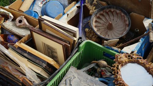 High angle view of old market stall for sale