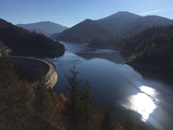 Scenic view of lake and mountains against sky