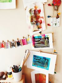 High angle view of paintbrushes on table