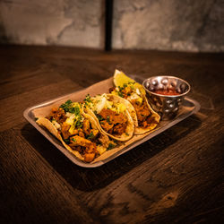 High angle view of food in plate on table