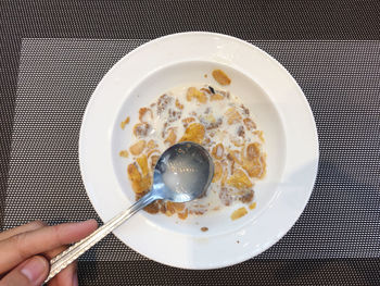 High angle view of breakfast served on table