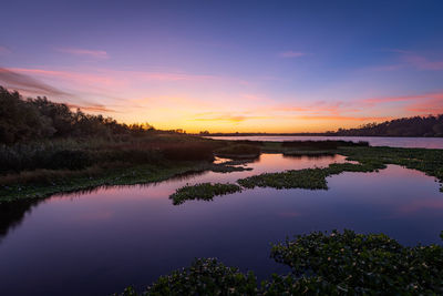 Scenic view of lake against sky during sunset