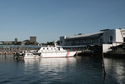 Boats in river by buildings against clear sky