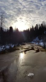 Scenic view of snow covered land against sky during sunset