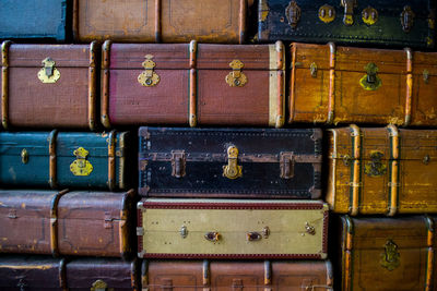 Stacked vintage travel suitcases and luggage