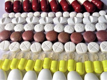 Full frame shot of multi coloured pills capsules medicines