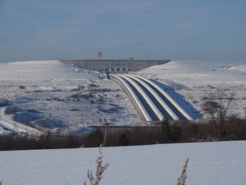 Snow covered landscape against sky