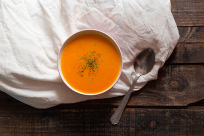 High angle view of soup in bowl on table