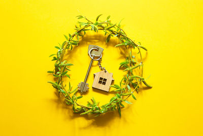 Close-up of clock against yellow background