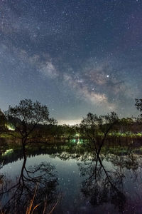 Scenic view of lake against sky at night