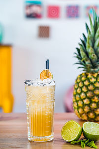 Close-up of drink on glass table