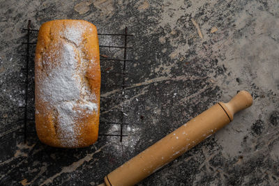 High angle view of bread on cutting board