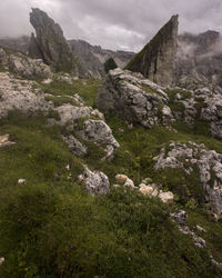 Scenic view of rocky mountains against sky in dolomites 