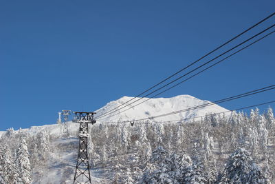 Low angle view of snow covered mountain against clear blue sky