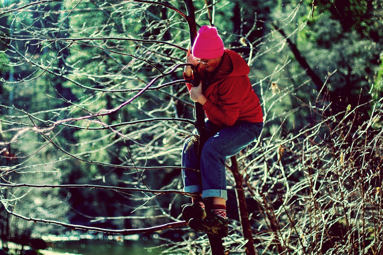 one person, hood - clothing, casual clothing, childhood, boys, tree, full length, outdoors, hooded shirt, forest, real people, day, leisure activity, standing, lifestyles, one boy only, branch, nature, people