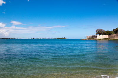 Scenic view of sea against blue sky