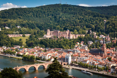 High angle view of river amidst buildings in town