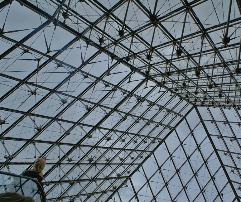 low angle view, architecture, built structure, glass - material, indoors, ceiling, pattern, modern, full frame, backgrounds, architectural feature, skylight, design, transparent, geometric shape, building exterior, window, grid, sky, directly below