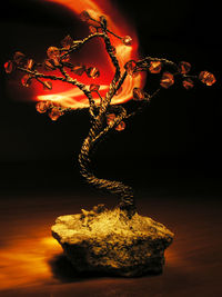 Close-up of illuminated lighting equipment against black background