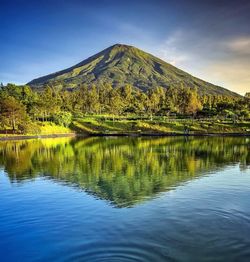 Scenic view of lake and mountains against sky