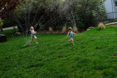 Girls playing in spraying water at lawn