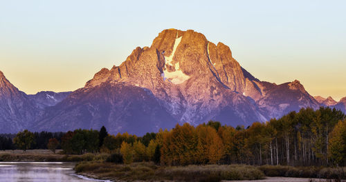 Scenic view of snowcapped mountains against sky during sunset