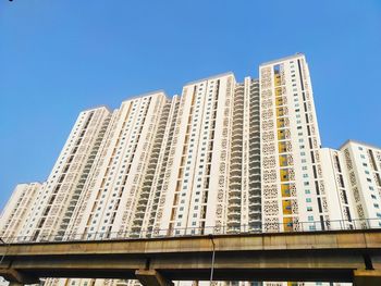 Low angle view of modern building against clear blue sky