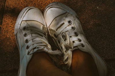 Low section of woman wearing canvas shoes