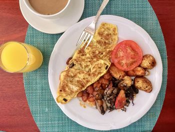 High angle view of breakfast on table