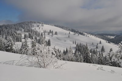 Scenic view of snow covered landscape against sky