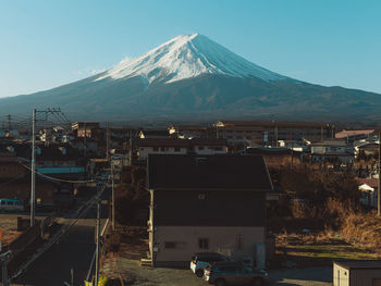 Scenic view of snowcapped mountains against clear sky