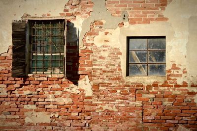 Low angle view of window on old building