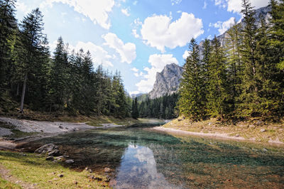 Scenic view of gruner see lake amidst trees against sky