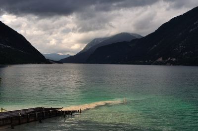 Scenic view of lake by mountains against sky