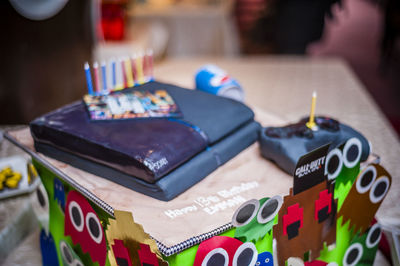 High angle view of birthday cake on table