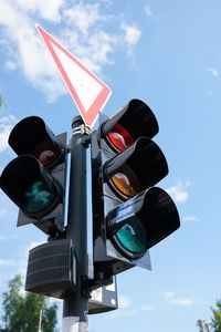 Low angle view of road signal against sky