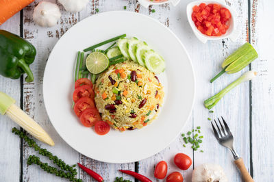 High angle view of breakfast served on table