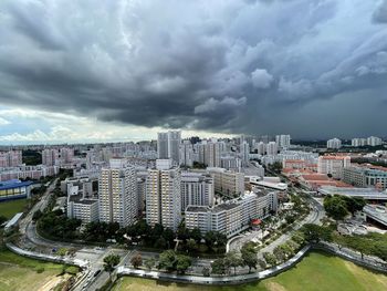 High angle view of buildings against sky