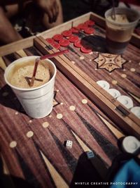 High angle view of drink on table