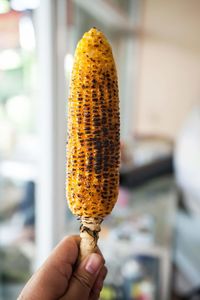 Close-up of hand holding roasted sweetcorn