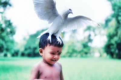 Close-up of shirtless boy against sky