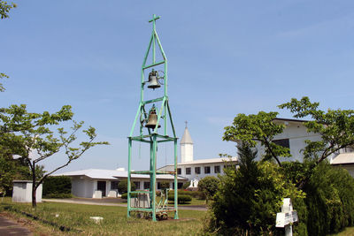 View of buildings against clear blue sky