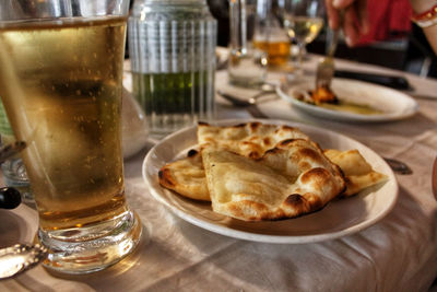 Close-up of food served on table
