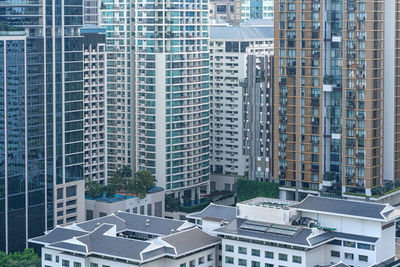 High angle view of modern buildings in city