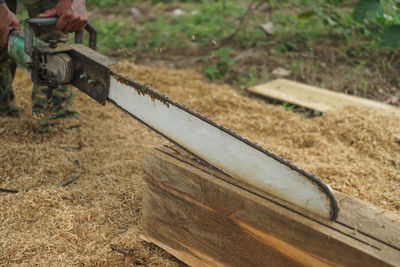 High angle view of man working on field