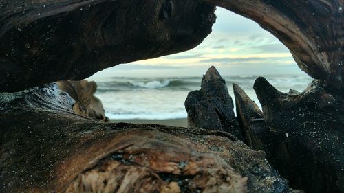 Close-up of rock formation by sea against sky