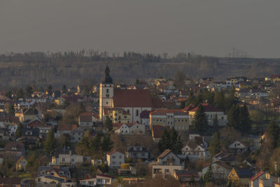 High angle view of townscape against sky in city