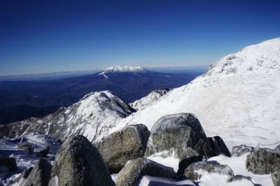 Scenic view of snowcapped mountains against clear blue sky