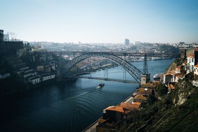 High angle view of bridge over river amidst buildings in city