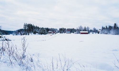 Snow covered field against sky